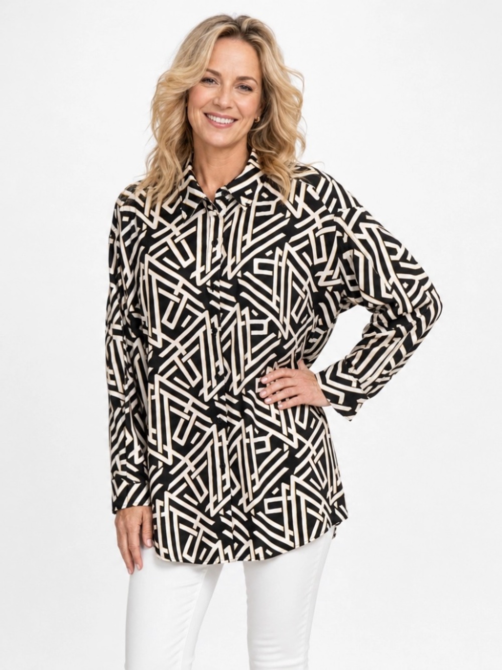 Karl Lagerfeld Paris Black Ivory Logo Print Button Front Shirt NWT